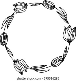 Hand drawn tulips floral wreath outline sketch style. Vector illustration.