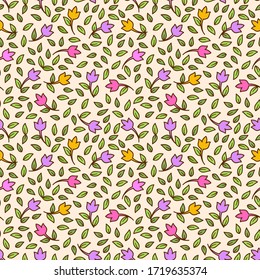 Hand drawn tulips flowers vector pattern. Spring summer flowers seamless background. Template for printing on fabrics, clothes, dishes, packaging, paper and other surfaces.