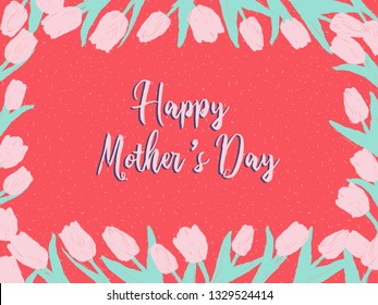 hand drawn tulips horisontal greeting card template with text. Spring is here banner with spring flowers on red background. Top view elements in pale tender colors.