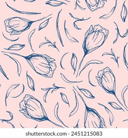 Hand drawn tulips with leaves seamless repeat pattern. Random placed, vector botany aop, all over surface print on pink background.