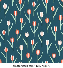 Hand drawn tulips seamless vector pattern. Red and pink doodle flower endless print