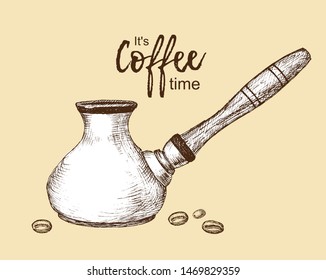 Hand drawn сeramic turk and coffee beans on beige background. Vector graphics in vintage style. 