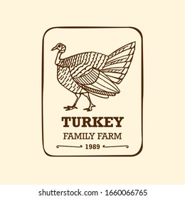 Hand drawn turkey bird illustration. Poultry farm logo. Vector isolated linear vintage emblem. Traditional poultry bird sketch for poster, packaging, branding.