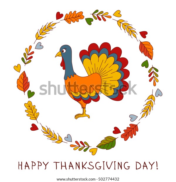 Hand drawn turkey in circle of leafs thanksgiving day\
doodles 