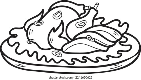 Hand Drawn turkey on plate Chinese and Japanese food illustration isolated on background