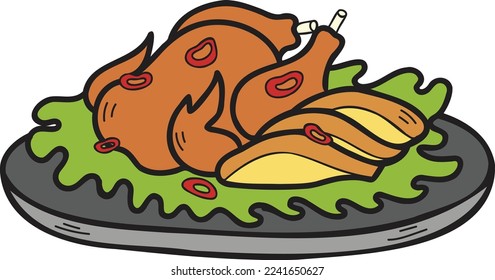Hand Drawn turkey on plate Chinese and Japanese food illustration isolated on background
