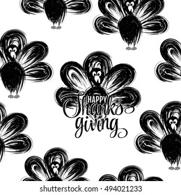 Hand drawn turkey silhouettes seamless pattern. Happy thanksgiving hand lettering. Butcher shop design template for craft meat package. Seamless packaging background. Vector illustration