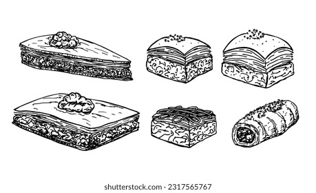 Hand drawn turkish baklava on white background. Assorted Oriental sweets sketch. Engraved baked arabic dessert with pistachio, peanut, honey, almond. For menu, card, flyer, poster design. Vector