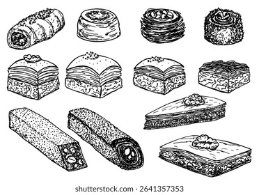 Hand drawn turkish baklava on white background. Assorted Oriental sweets sketch. Engraved baked arabic dessert with pistachio, peanut, honey, almond. For menu, card, flyer, poster design. Vector