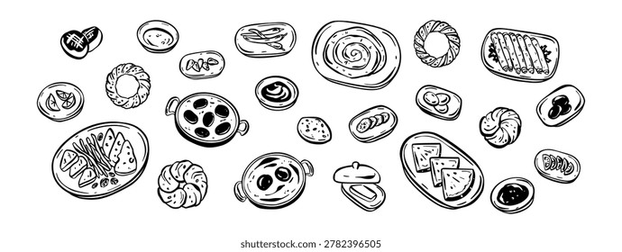 Hand drawn Turkish breakfast hand drawn sketch doodle vector illustration. Mediterranean cusine table top view. Shakshuka, sigara borek. Lebanese, Arabian, Syrian, Israel restaurant menu background