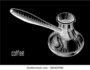 Hand drawn turkish coffee pot in engraving style for menu or cafe. White vector illustration isolated on black background