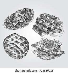 Hand Drawn Turkish Cuisine Sketches Set. Collection Of turkish bread, dolma, borek, Lahmajun Sketch Elements isolated on white background