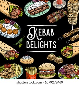 Hand drawn Turkish food on a chalkboard, Vector Illustration