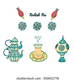 Hand drawn turkish tea set with arabic lamp, turkish cup, arabic tea pot decorated with oriental flower anf turkish tulip.  Vector illustration. Tea culture. east tea ceremony.