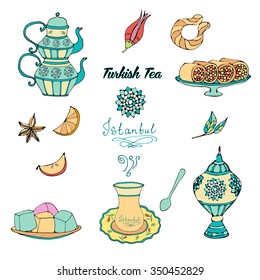 Hand drawn turkish tea set with arabic lamp, turkish cup, spoon, arabic tea pot, lemon slice, apple slice, cardamon, tulip, sweets.  Vector illustration. Tea culture. east tea ceremony.