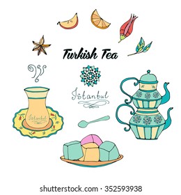 Hand drawn turkish tea set with arabic lamp, turkish cup, spoon, arabic tea pot, lemon slice, apple slice, cardamon, tulip, sweets. Vector illustration. Tea culture,east tea ceremony.Turkish delights.