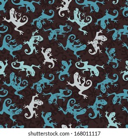 Hand drawn turquoise salamanders seamless pattern on dark chocolate background