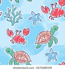 Hand gezeichnet Turtle Crab Koralle nahtloses Muster Vektor Kinder print