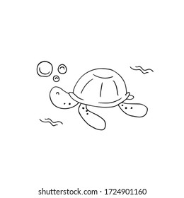 Hand drawn turtle in doodle style. Black and white line art. Coloring book for kids. Cute illustration in vector. 