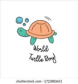 Hand drawn turtle. Happy world turtle day poster. Cute illustration in vector. 