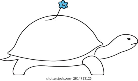 Hand drawn turtle illustration with small blue flower illustration minimalist wildlife creature botanical outlined environment peaceful creative creatures