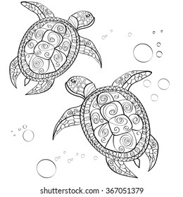 Hand drawn  turtle . Isolated on white. anti stress Coloring Page Vector monochrome sketch.