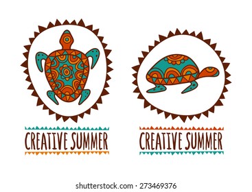 Hand drawn turtle tribal symbol. Vector illustration isolated on white background. Decorative multicolor background. Logo design template. Creative summer.