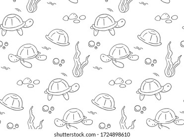 Hand drawn turtles seamless pattern in doodle stule. Line black and white art, Can be used for textile, wrapping paper design. Flat vector illustration. 