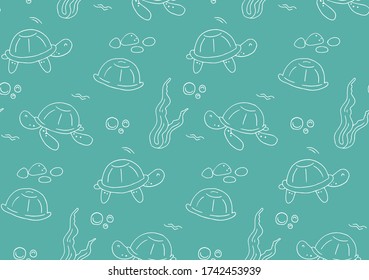 Hand drawn turtles seamless pattern in doodle stule.   Flat vector illustration. 