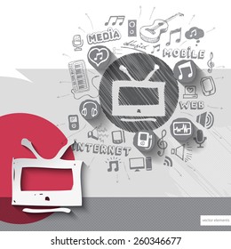 Hand drawn tv icons with icons background. Vector illustration