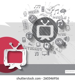 Hand drawn tv icons with icons background. Vector illustration