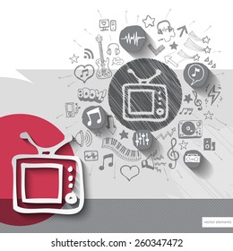 Hand drawn tv icons with icons background. Vector illustration