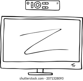 Hand Drawn TV set with remote control. Computer Screen monitor. Doodle sketch illustration