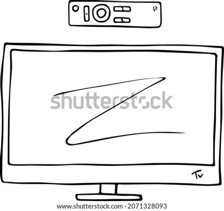 Hand Drawn TV set with remote control. Computer Screen monitor. Doodle sketch illustration