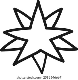 Hand drawn twelve pointed star outlined in black against a crisp white background, capturing a sense of celestial wonder and whimsical charm, perfect for various creative projects