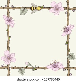 hand drawn twig frame with blossoms and bee