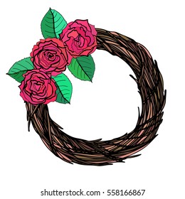 a hand drawn twig wreath with hand drawn red roses and leaves; a sketched vector illustration; perfect for greeting cards