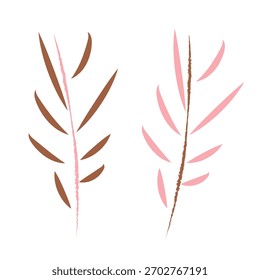 Handgezeichnete Zweiblattzweige in Rosa und Braun
