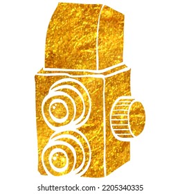 Hand drawn Twin lens reflex camera icon in gold foil texture vector illustration