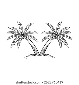 Hand drawn twin palm trees with coconuts. Simple hand drawn vector illustration with black outline. Sketch in ink. Two Palm Trees Sketch on a Small Island