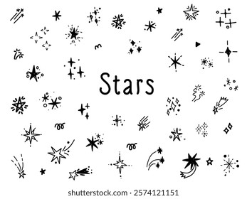 Hand drawn twink glare star doodle sketch. Minimalistic simple bursting space art elements.