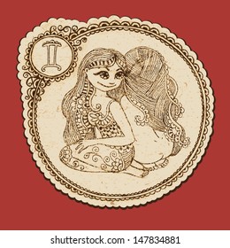 Hand drawn twins ornament with elements in the ethnic style. Zodiac sign - Gemini. Vector illustration.