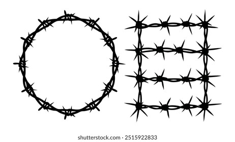 Silhuetas de arame farpado retorcido desenhadas à mão em formas arredondadas e quadradas. Ilustração vetorial de aço preto arame farpa molduras vetor plano ilustração sobre fundo branco