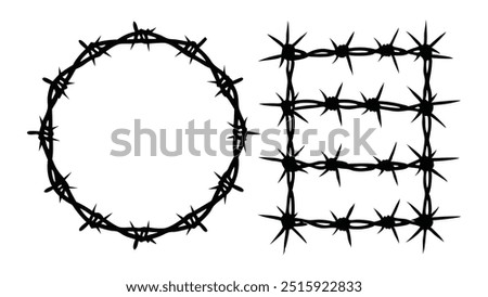 Hand drawn Twisted barbed wire silhouettes set in rounded and square shapes. Vector illustration of steel black wire barb fence frames flat vector illustration on white background
