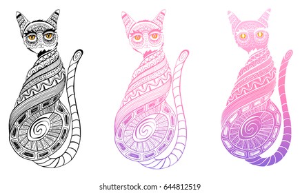Hand drawn twisted cat outline in different color variations. Doodle, zentagle 