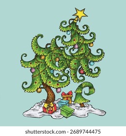 Diseño de ilustración de árbol de Navidad retorcido dibujado a mano