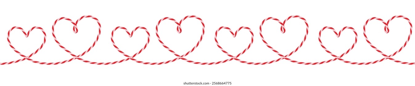 Hand drawn twisted cotton rope cord ribbon, candy stripe in the shape of a heart. Seamless pattern for Valentine's day. Packing string, white red rope bakers twine. Flat Vector on transparent EPS10