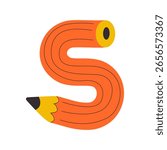 Hand drawn twisted curved comic pencil doodle. Colorful funky, flexible school pencil bent into of number five. School stationery, studying supplies. For diaries, daily planner, schedules, posters 
