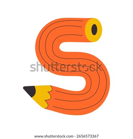 Hand drawn twisted curved comic pencil doodle. Colorful funky, flexible school pencil bent into of number five. School stationery, studying supplies. For diaries, daily planner, schedules, posters 