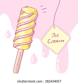 Hand drawn twisted fruity popsicle isolated in vector. Ice cream doodle illustration with drops. Sweet dessert